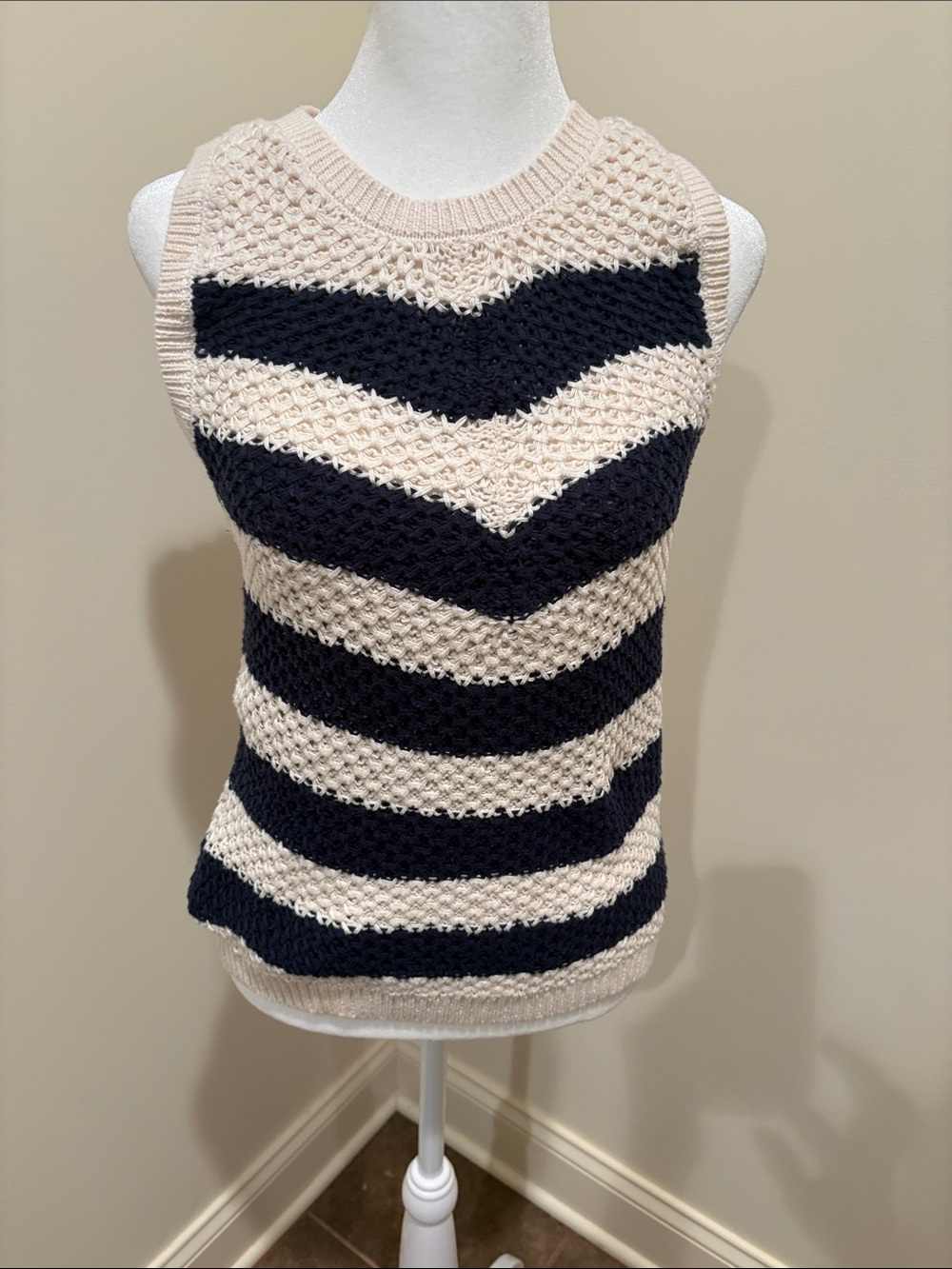 Evereve Navy and Cream Striped Knit Sleeveless Sweater